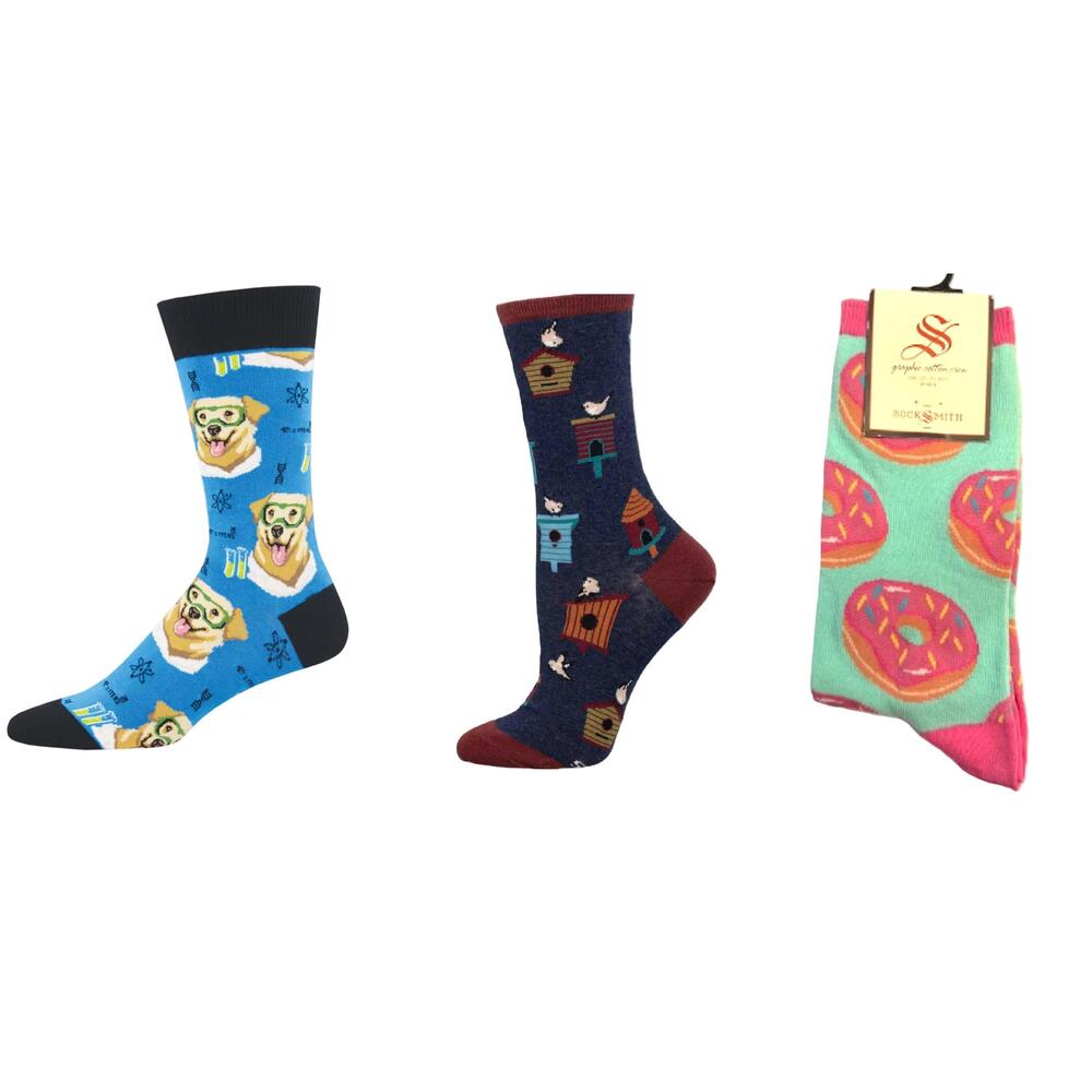 NEW SOCKSMITH women's science lab & birdhouses & donuts socks - set of 3 pair in